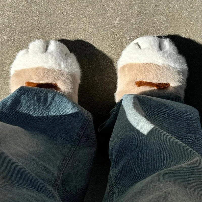 Fun fluffy cats feet slippers cute trend home shoes woman snug kitty paw furry slides women's Christmas slippers birthday gifts