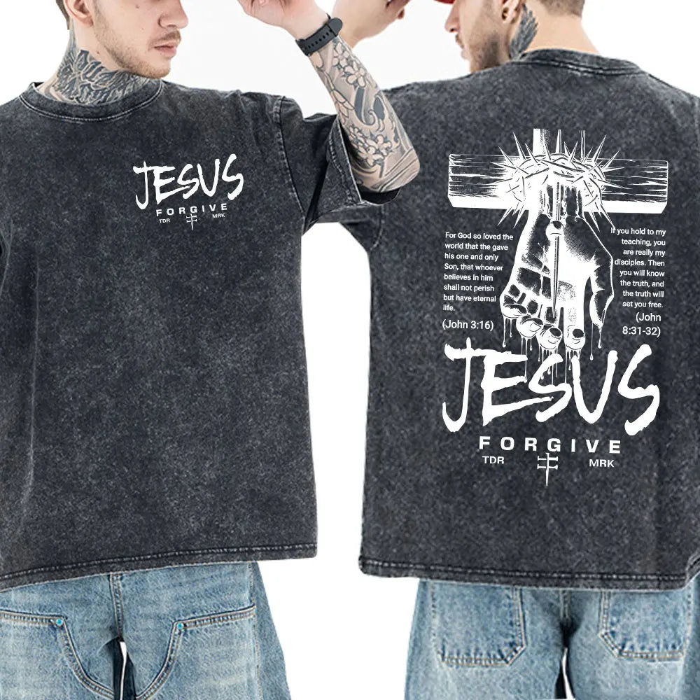 Washed Vintage Christian Jesus Bible Verse T-shirts Men Women Clothing Fashion Harajuku Cotton Short Sleeves Oversized T Shirts