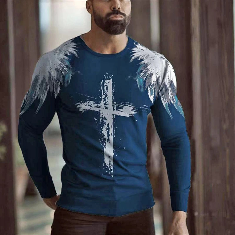 Men's T-shirt Christian Letter Pattern Jesus Retro Long Sleeve Round Neck T-shirt 3D Printed T-shirt Sports Men's Clothing