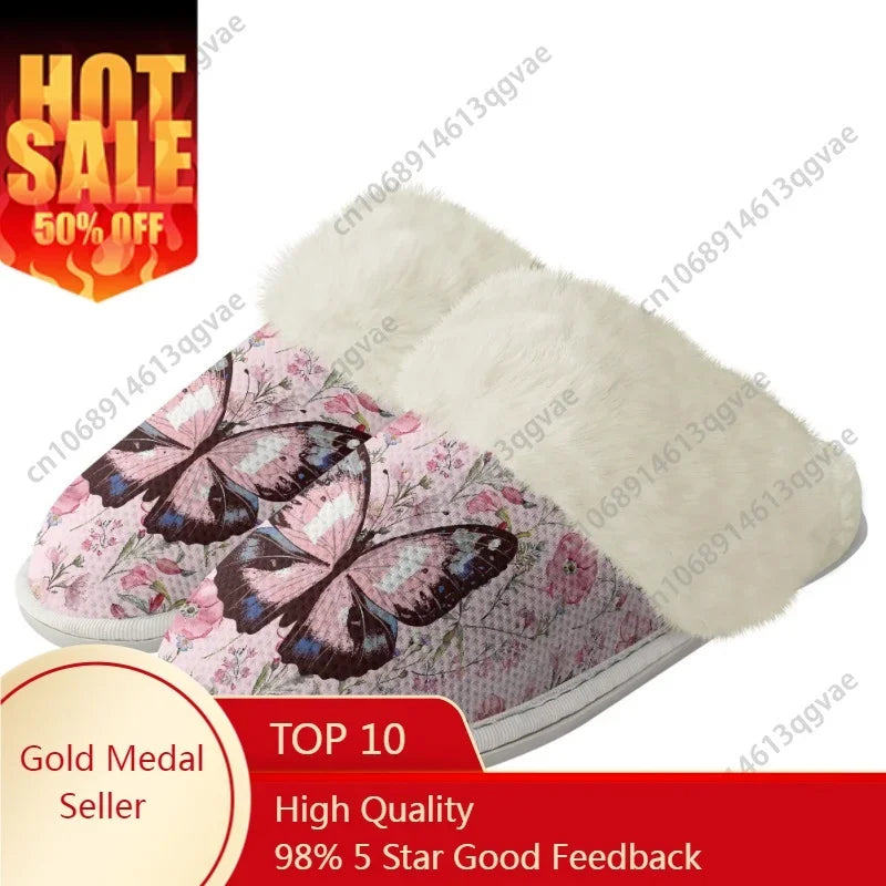 Pink Butterfly Petals Christmas Gift Slippers Mens Womens Home Cotton Plush Bedroom Keep Warm Custom Thermal Lightweight Slipper