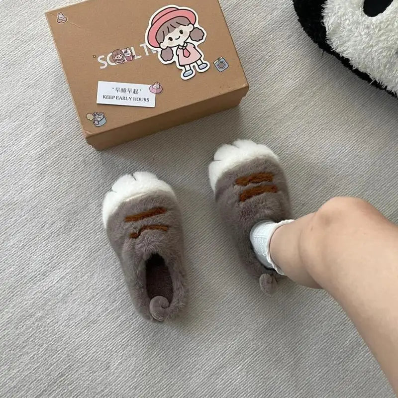 Fun fluffy cats feet slippers cute trend home shoes woman snug kitty paw furry slides women's Christmas slippers birthday gifts