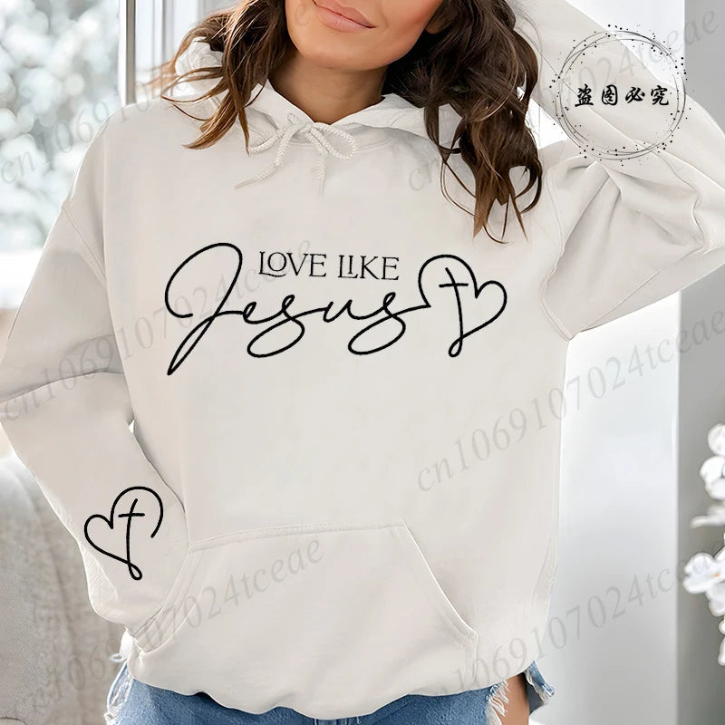 Casual Womens Hoodies Love Like Jesus Print Sweatshirts Sports Home Pullover Tops Street Christian Faith Design Woman Clothing