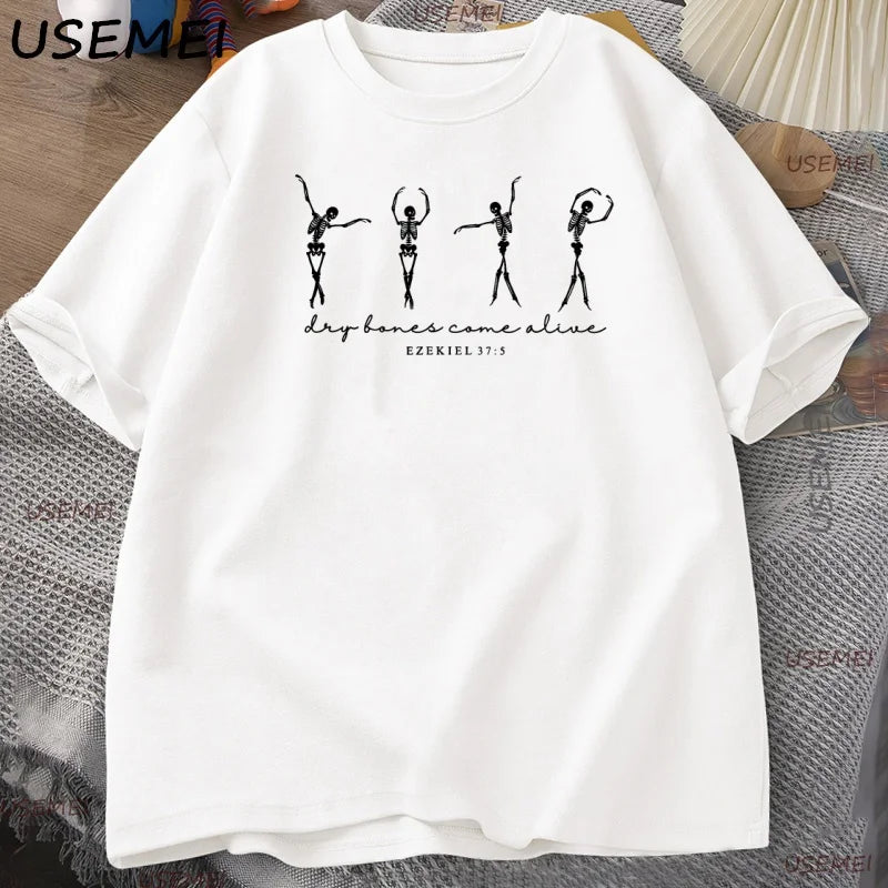 Skeleton Dancing T-Shirt Men Women Christian Halloween T Shirt Retro Fall Bible Verse Tee High Quality Man Clothing Streetwear