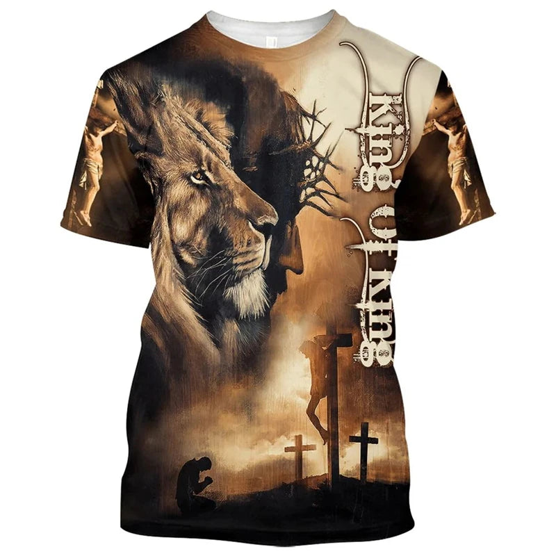 Trendy Vintage T Shirt For Men Women  3D Full Print Lion Cross Graphic T-Shirt Fashion Short Sleeve Jesus Christian Y2k Clothing