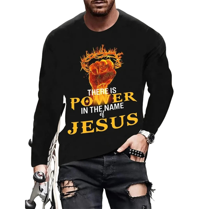 Men's T-shirt Christian Letter Pattern Jesus Retro Long Sleeve Round Neck T-shirt 3D Printed T-shirt Sports Men's Clothing