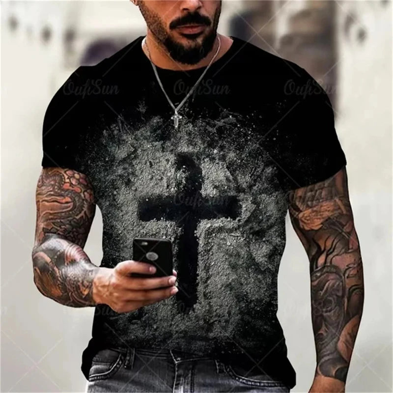 Christian Men Clothing T Shirts Oversized T-shirt Gothic Jesus Christ Cross 3D Print O-neck Tops Vintage Personality Unisex Tees