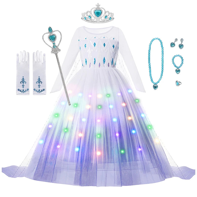 LED Light Up Elsa Dresses for Girls Kids Carnival Christmas Party Gown Childrens Cosplay Party Clothes Girls Long Sleeve Dresses