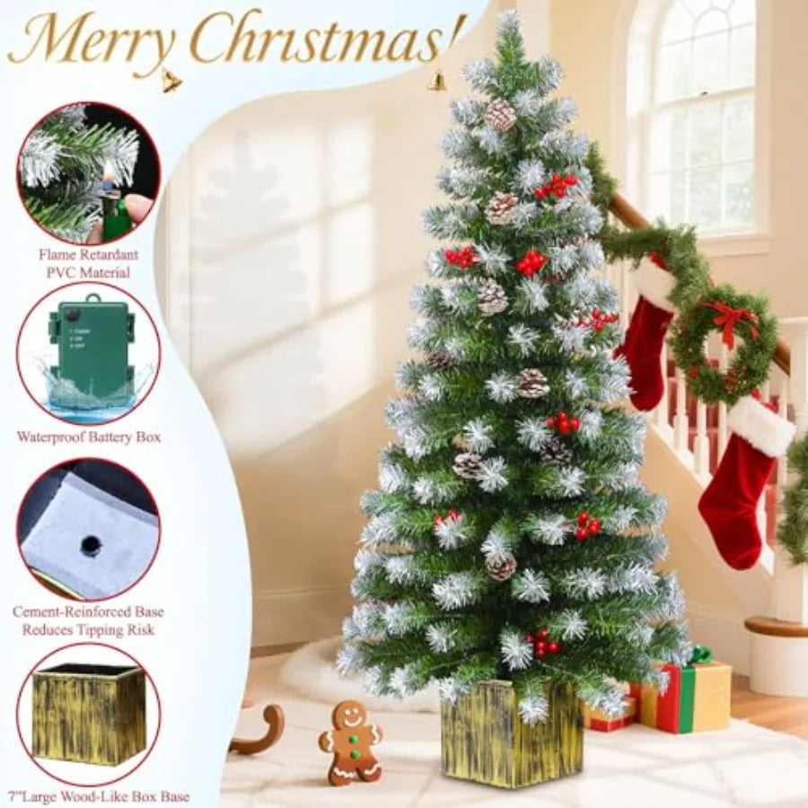 2 Pack 4 Ft Entrance Christmas Tree in WoodLike Box Base Artificial Potted Xmas Tree with 60 LEDs Warm White Light Timer Waterp