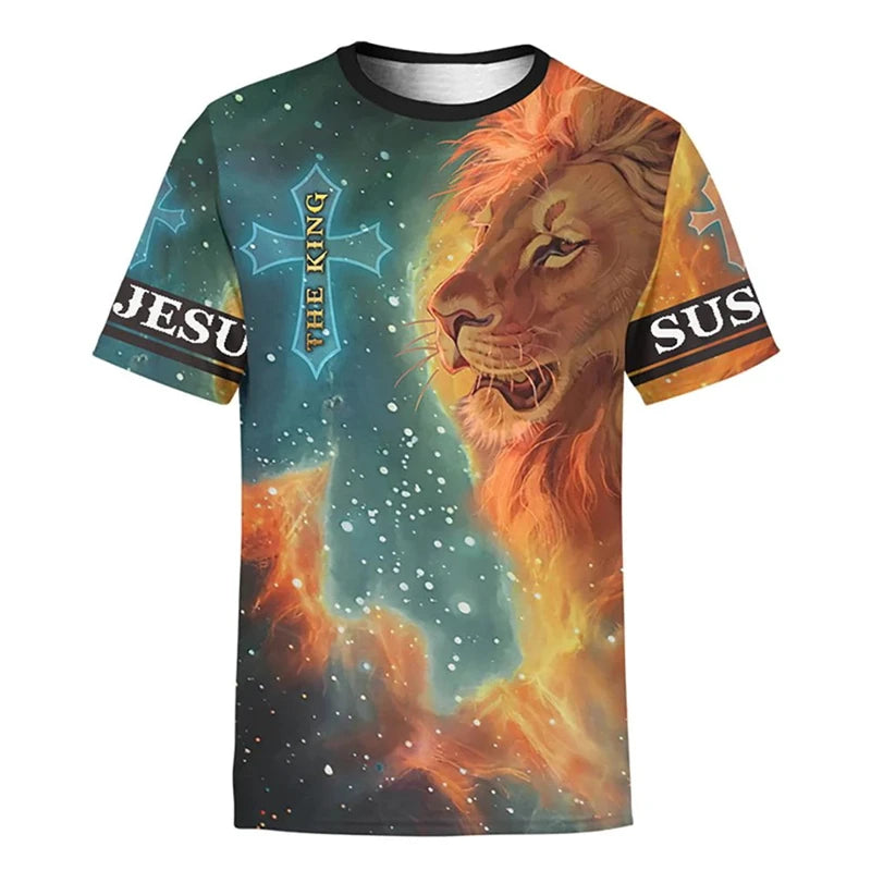 Trendy Vintage T Shirt For Men Women  3D Full Print Lion Cross Graphic T-Shirt Fashion Short Sleeve Jesus Christian Y2k Clothing