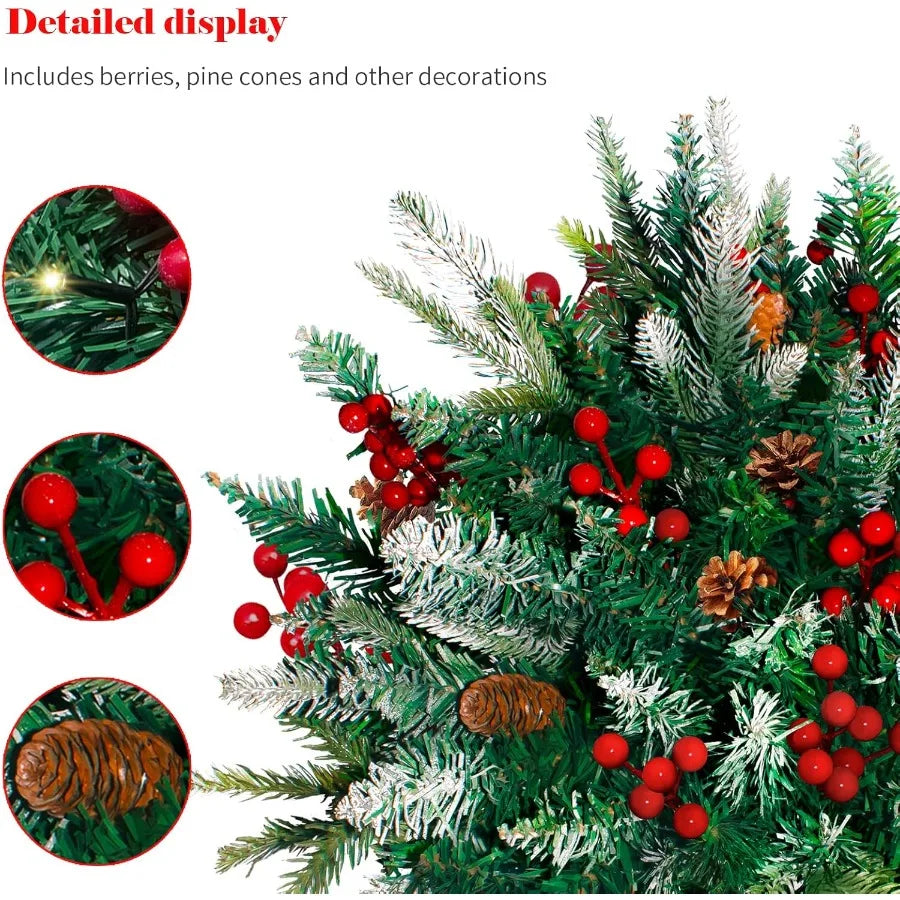 2 Pack Lighted Artificial Christmas Urn Filler Battery Operated Prelit Xmas Pine Trees with Tripod Stake and 60 LED Lights for