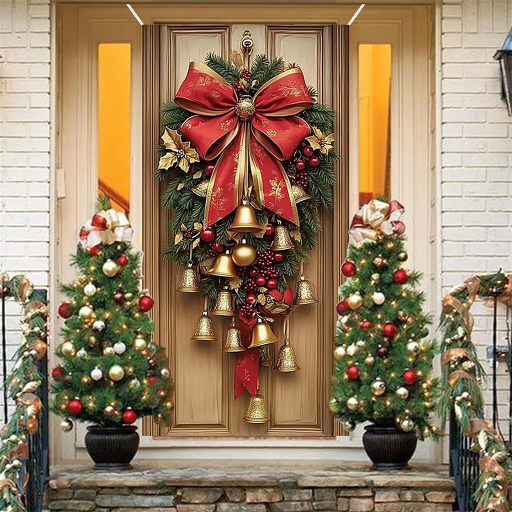 Christmas Wreath with LED Lights and Pinecones for Front Door Decoration Festive Holiday Door Hanger with Bow and Bells