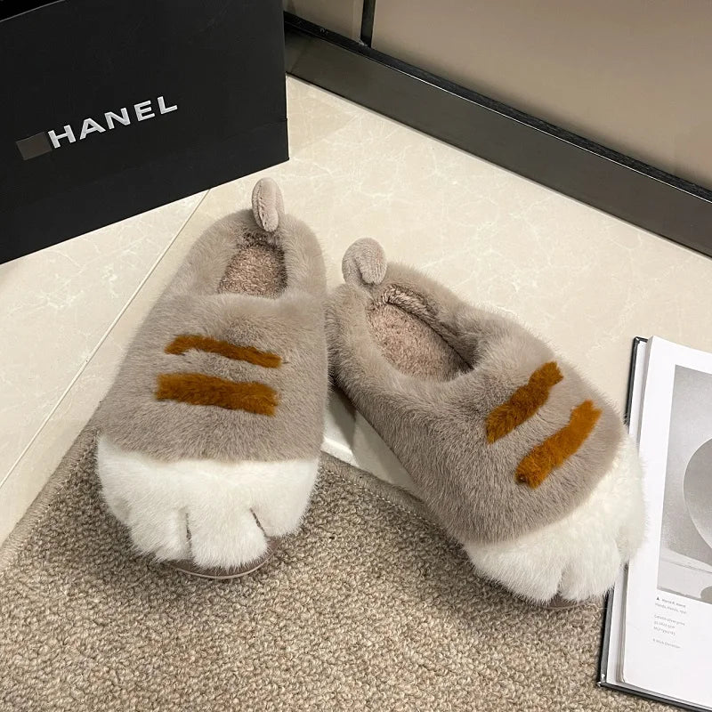 Fun fluffy cats feet slippers cute trend home shoes woman snug kitty paw furry slides women's Christmas slippers birthday gifts