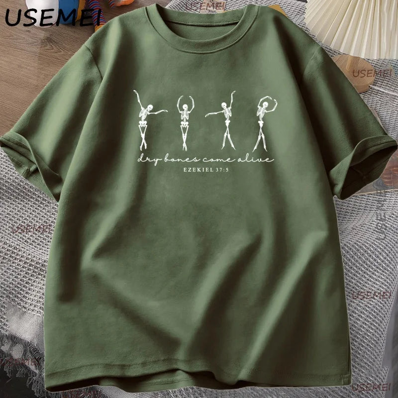 Skeleton Dancing T-Shirt Men Women Christian Halloween T Shirt Retro Fall Bible Verse Tee High Quality Man Clothing Streetwear