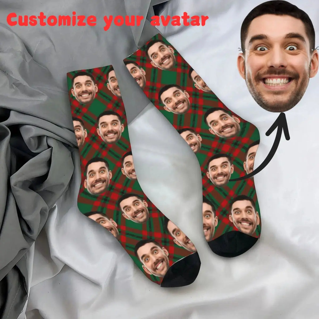 Personalized Christmas Gift Socks Custom Face Xmas Elements Stars Lights Red Unique for Friends Couple Family