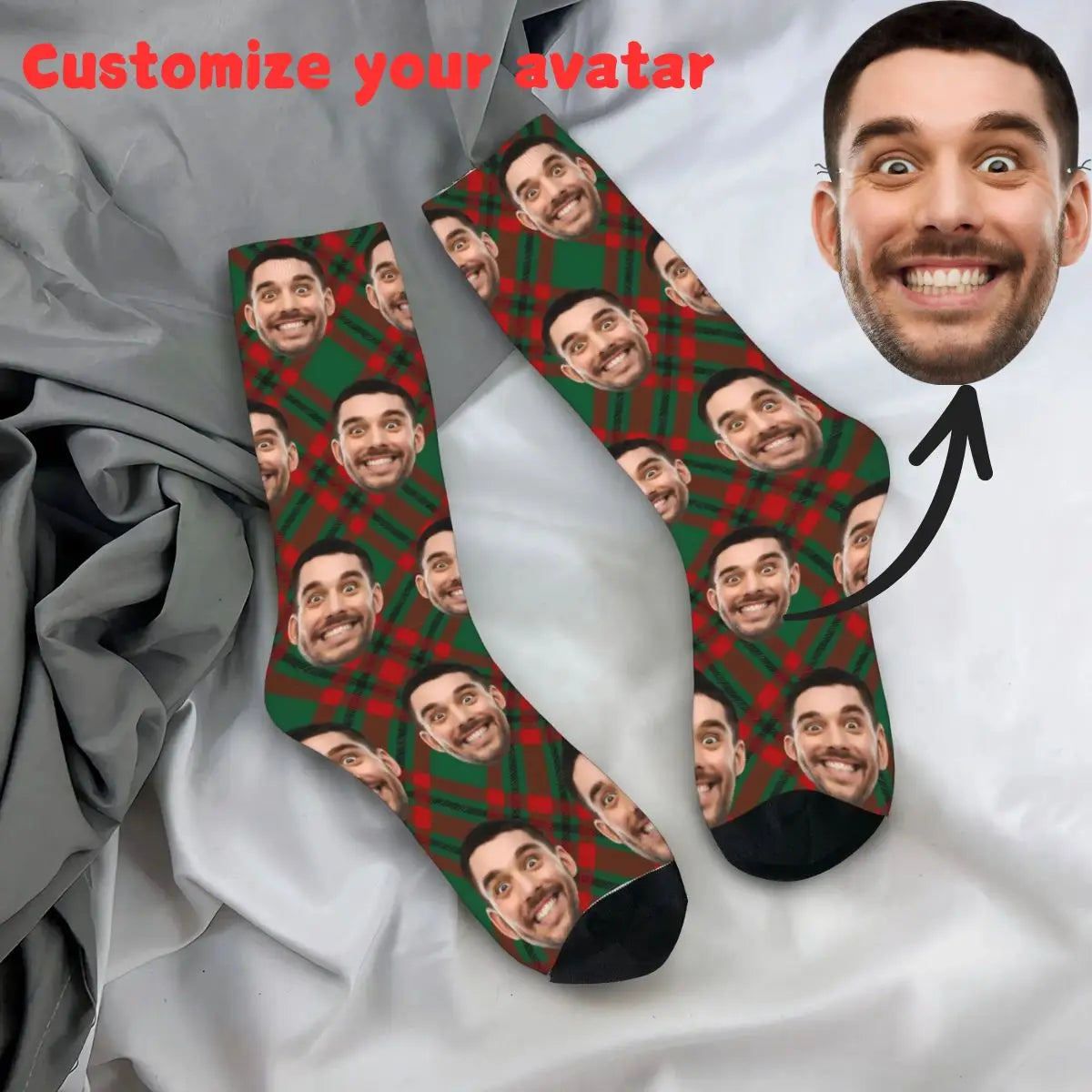 Personalized Christmas Gift Socks Custom Face Xmas Elements Stars Lights Red Unique for Friends Couple Family