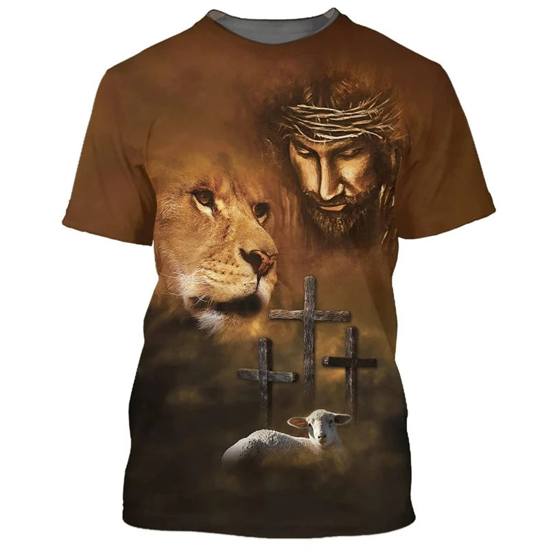 Trendy Vintage T Shirt For Men Women  3D Full Print Lion Cross Graphic T-Shirt Fashion Short Sleeve Jesus Christian Y2k Clothing