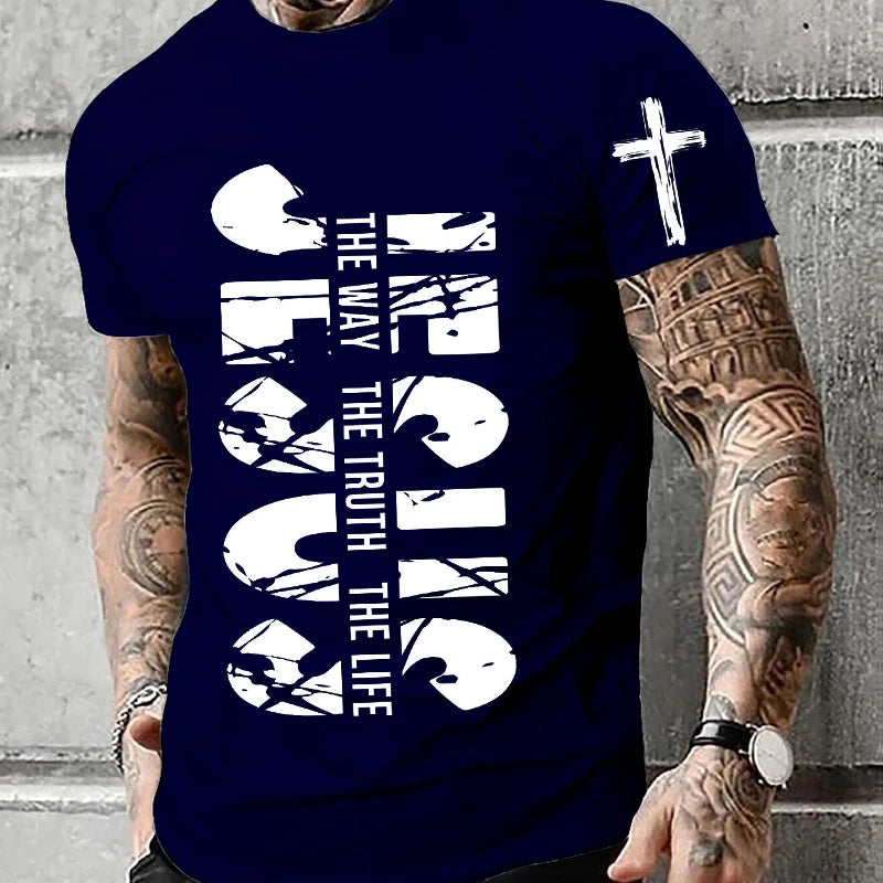 Loose Men T-shirt Summer Jesus The Way The Truth The Life Print T Shirt Christian Bible  Retro Design Men Street Tee Clothing