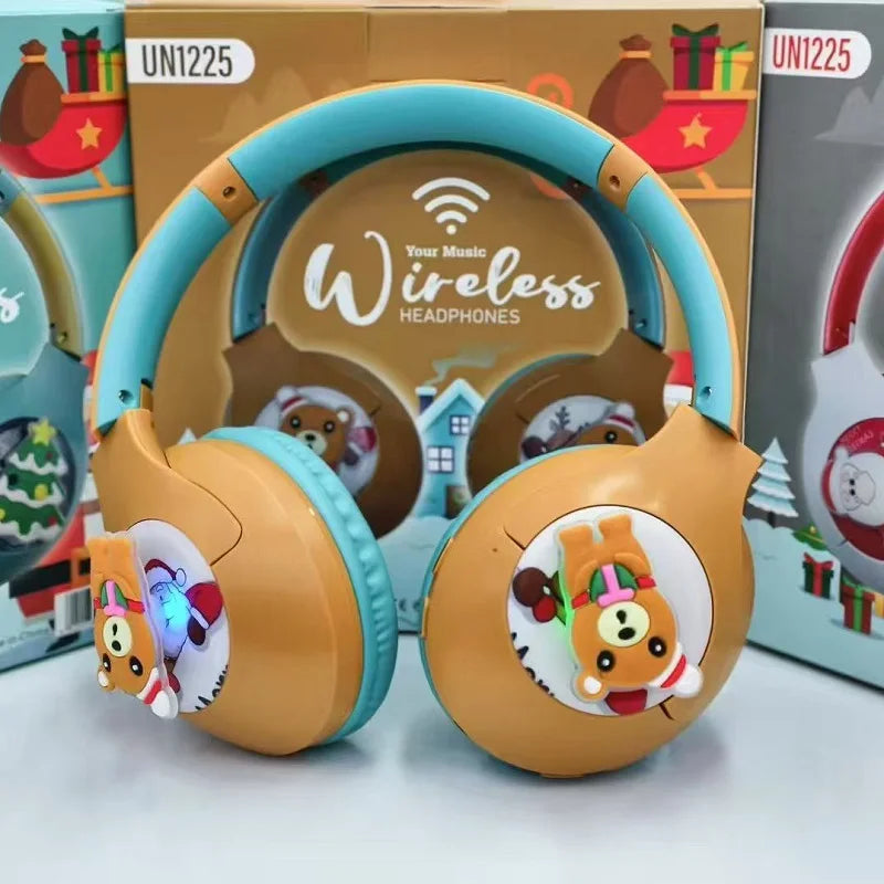 Christmas Bluetooth Headphones Toy Santa LED Light Up Headset with Safe Volume, Festive Gift for Kids with Holiday Music Mode