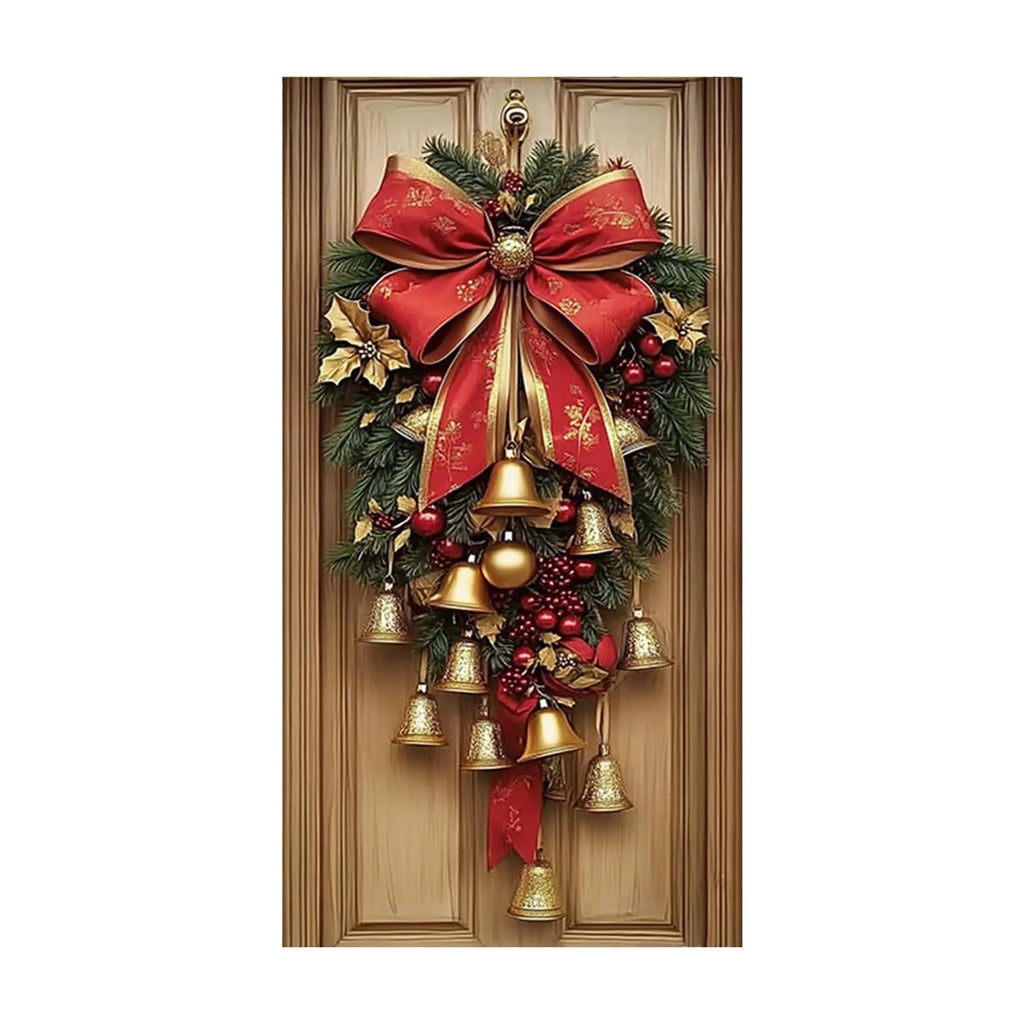 Christmas Wreath with LED Lights and Pinecones for Front Door Decoration Festive Holiday Door Hanger with Bow and Bells