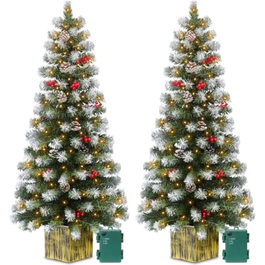 2 Pack 4 Ft Entrance Christmas Tree in WoodLike Box Base Artificial Potted Xmas Tree with 60 LEDs Warm White Light Timer Waterp
