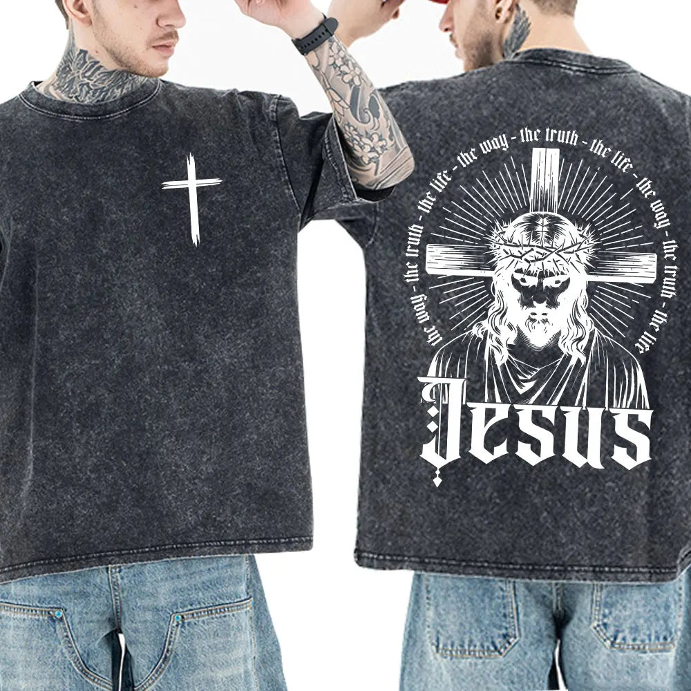 Christian Jesus Faith Bible Verse Washed T-shirts Men Women Clothing Fashion Vintage Oversized T Shirts Casual Cotton T-shirt