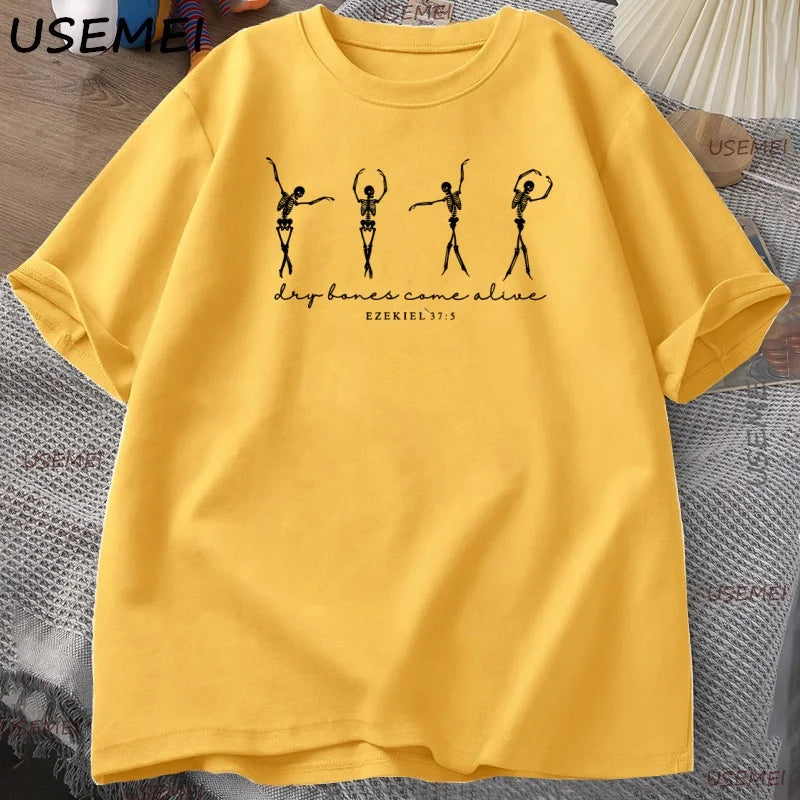 Skeleton Dancing T-Shirt Men Women Christian Halloween T Shirt Retro Fall Bible Verse Tee High Quality Man Clothing Streetwear