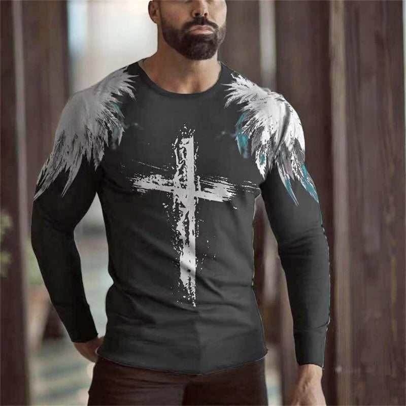 Men's T-shirt Christian Letter Pattern Jesus Retro Long Sleeve Round Neck T-shirt 3D Printed T-shirt Sports Men's Clothing