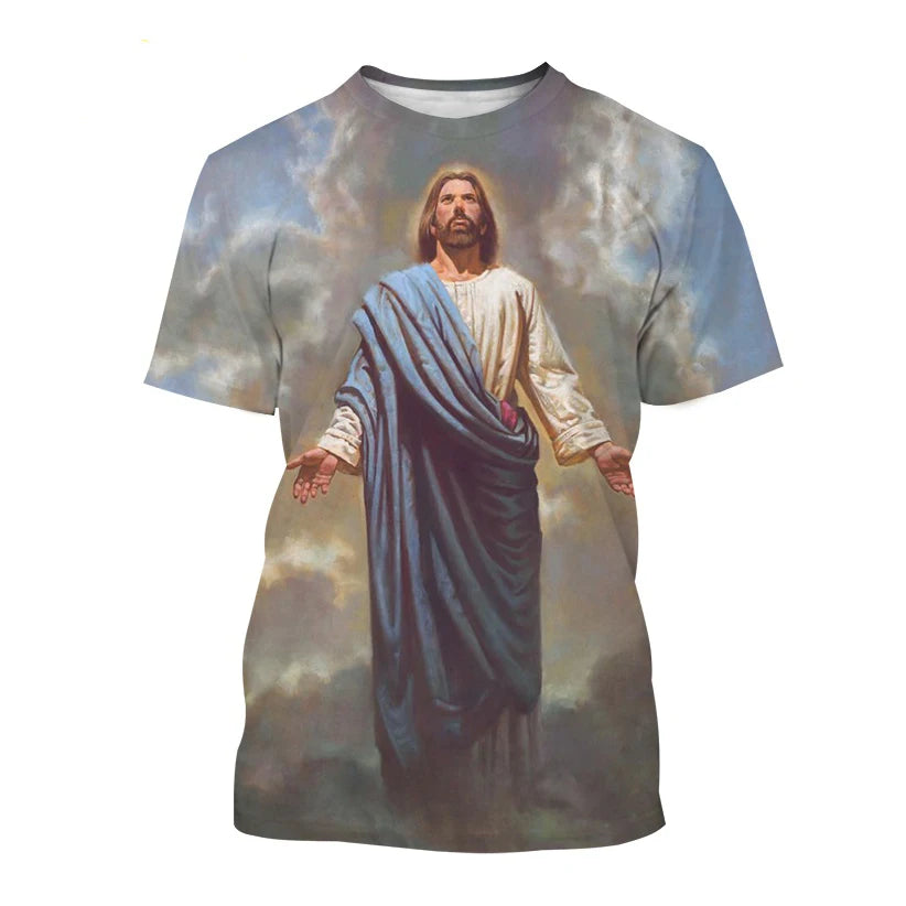 Christian God Jesus 3D Print T-shirt Men's O-Neck Short Sleeve T Shirts Streetwear Oversized Harajuku Tees Tops Kids Clothing