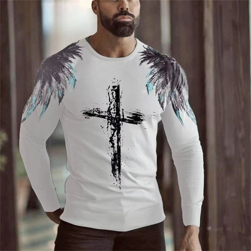 Men's T-shirt Christian Letter Pattern Jesus Retro Long Sleeve Round Neck T-shirt 3D Printed T-shirt Sports Men's Clothing