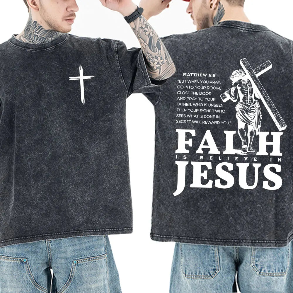 Christian Jesus Faith Bible Verse Washed T-shirts Men Women Clothing Fashion Vintage Oversized T Shirts Casual Cotton T-shirt