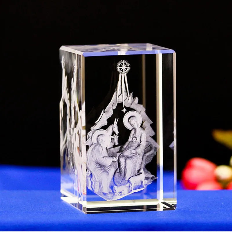 3D K9 Crystal 5x5x8cm Cube Christian Jesus Cross Figurine Home Decor Virgin Laser Engrave Crystal Religious gifts for Kids birth