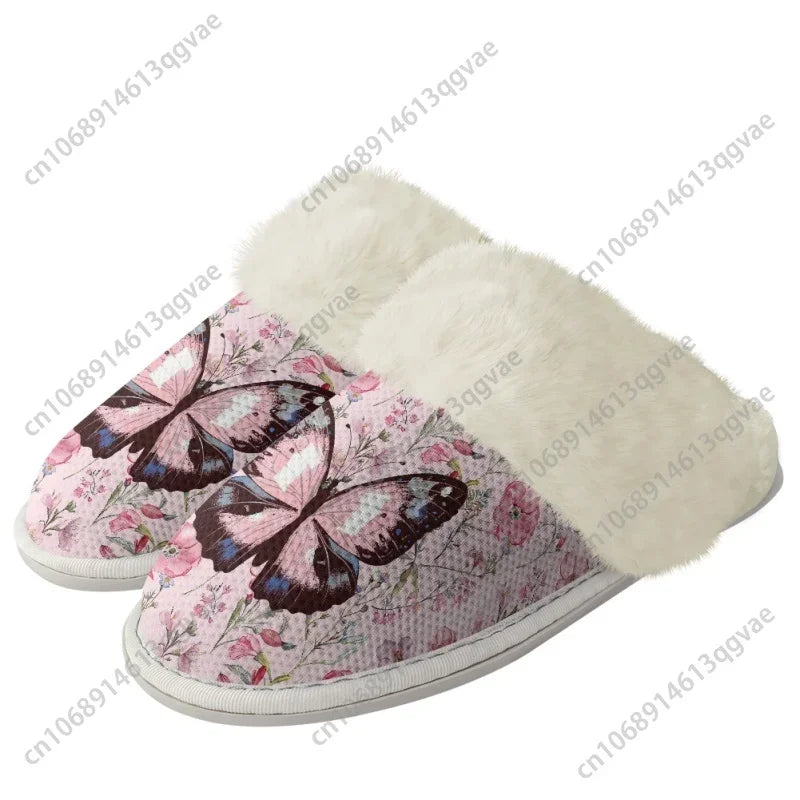 Pink Butterfly Petals Christmas Gift Slippers Mens Womens Home Cotton Plush Bedroom Keep Warm Custom Thermal Lightweight Slipper