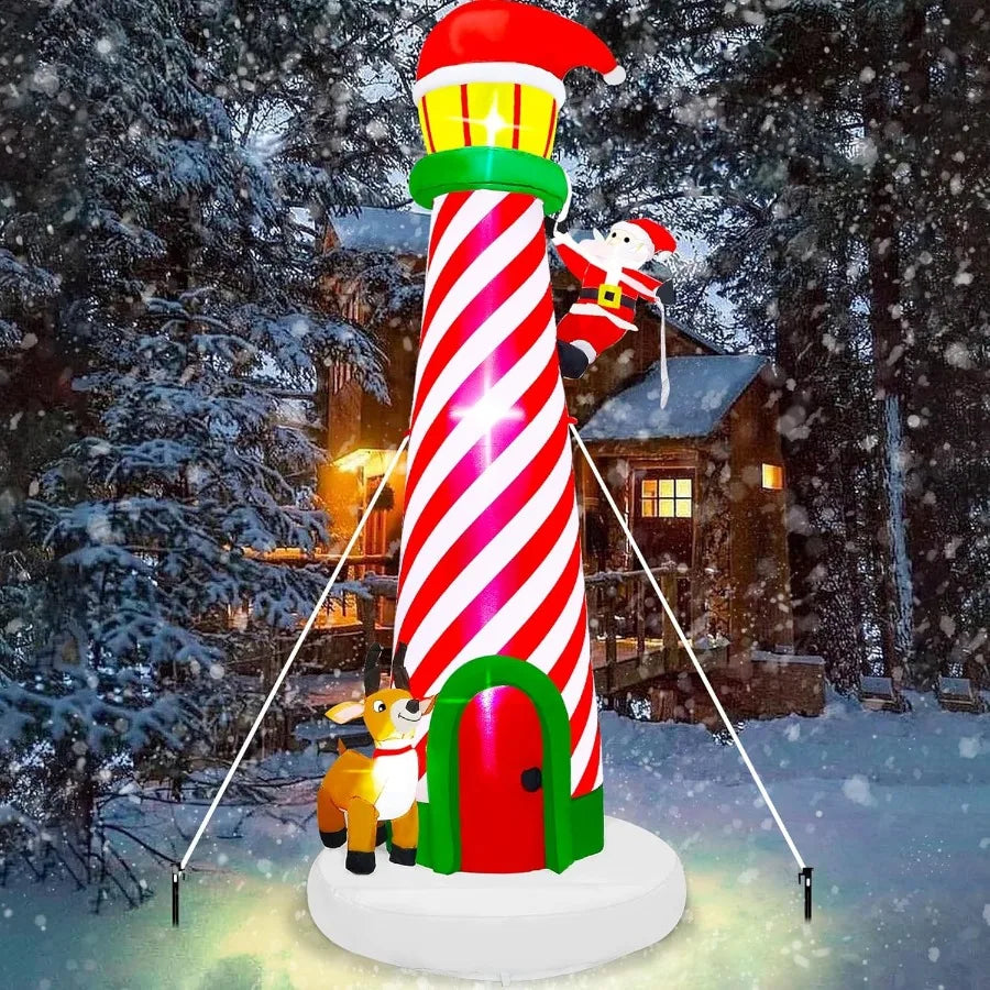10FT Christmas Inflatable Decoration Giant Lighted Lighthouse Blowups with Santa and Reindeer AirBlown Ornaments with Storage B