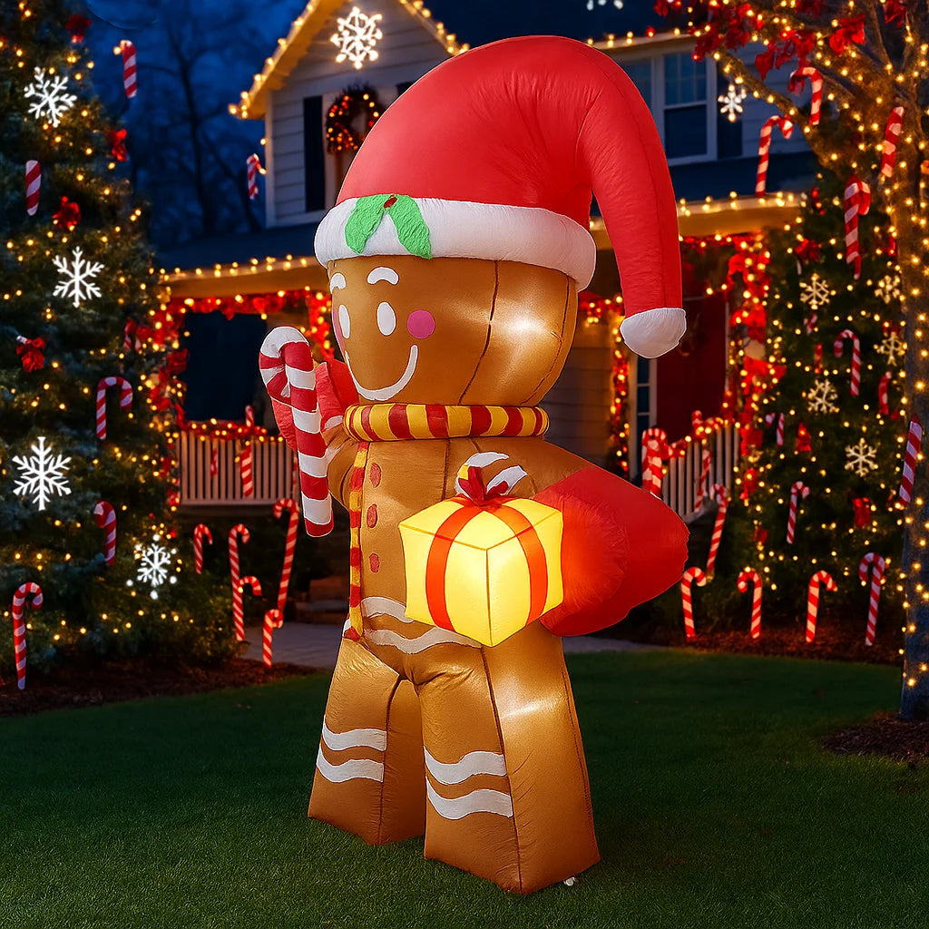 2.4M/7.8FT Gingerbread Man Candy Cane Christmas Inflatable Model Decoration LED Lights Outdoor Holiday Decor Home Yard Party Toy