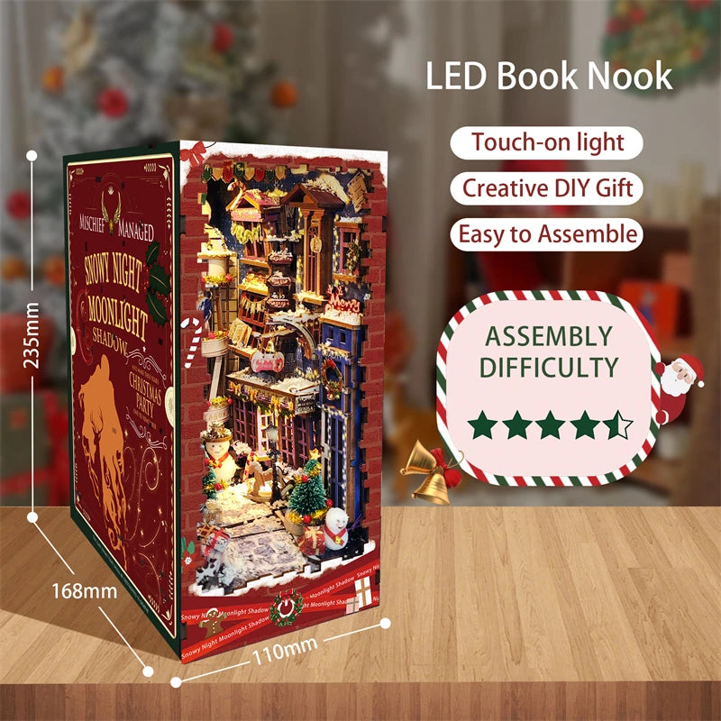 DIY Book Nook Merry Christmas Bookend Wooden Miniature Model Kit with Led Lights Handmade Bookshelf for Friends Birthday Gifts