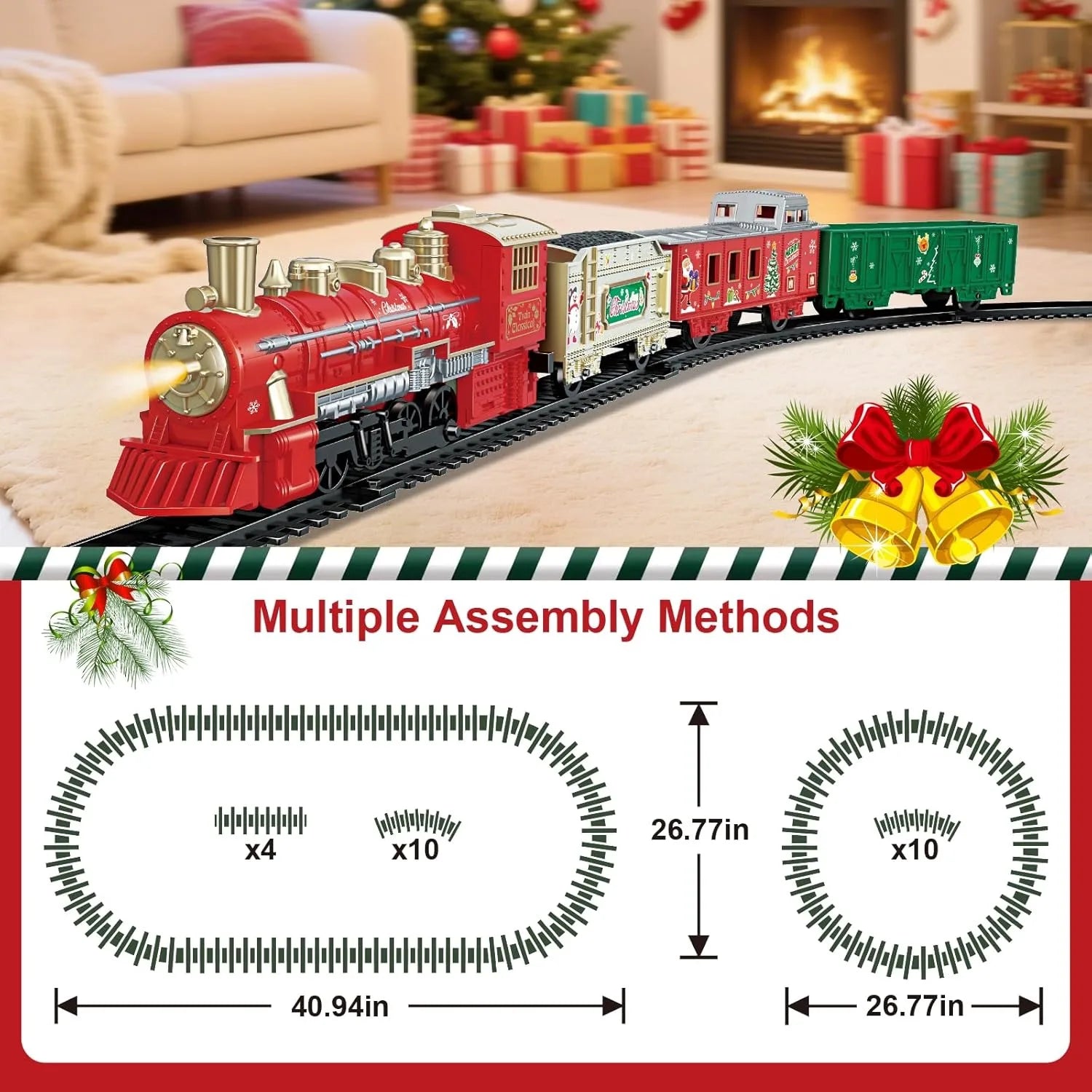 Electric Train Toys w/Locomotive Cars & Tracks for Under Christmas Tree Toddler Model Train Set w/Light & Sound Christmas Gifts