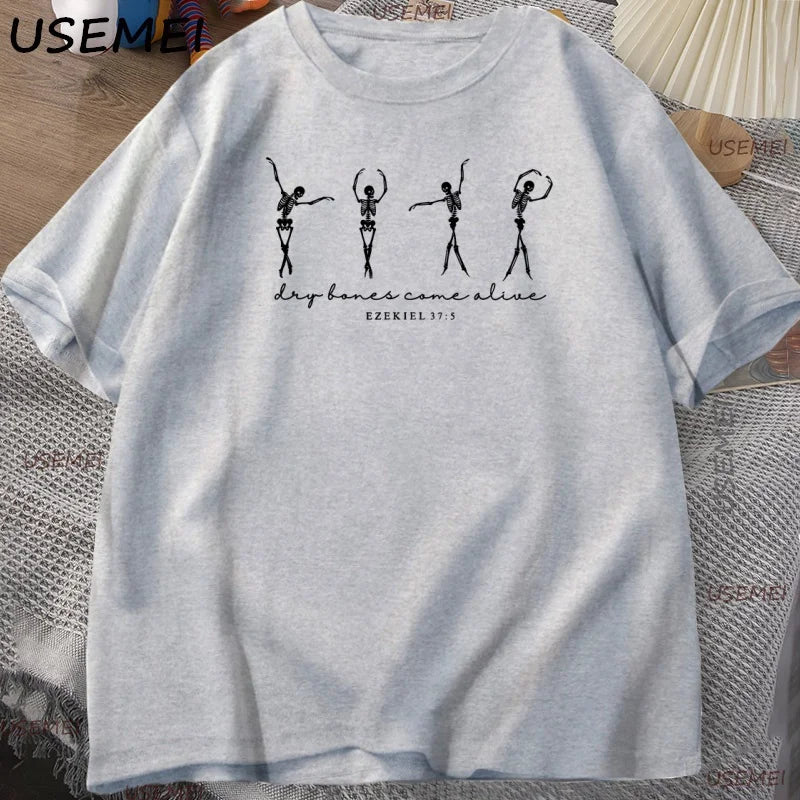 Skeleton Dancing T-Shirt Men Women Christian Halloween T Shirt Retro Fall Bible Verse Tee High Quality Man Clothing Streetwear