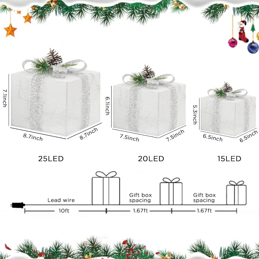 Set of 3 Plugin Christmas Lighted Gift Boxes Prelit 60 LED Light Up Decorations for Outdoor and Indoor Use Perfect for Porch Ya