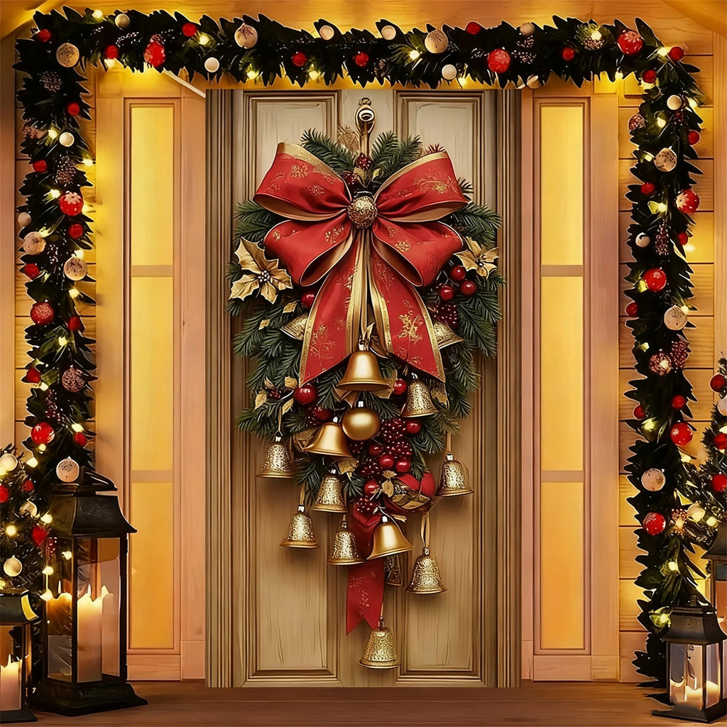 Christmas Wreath with LED Lights and Pinecones for Front Door Decoration Festive Holiday Door Hanger with Bow and Bells