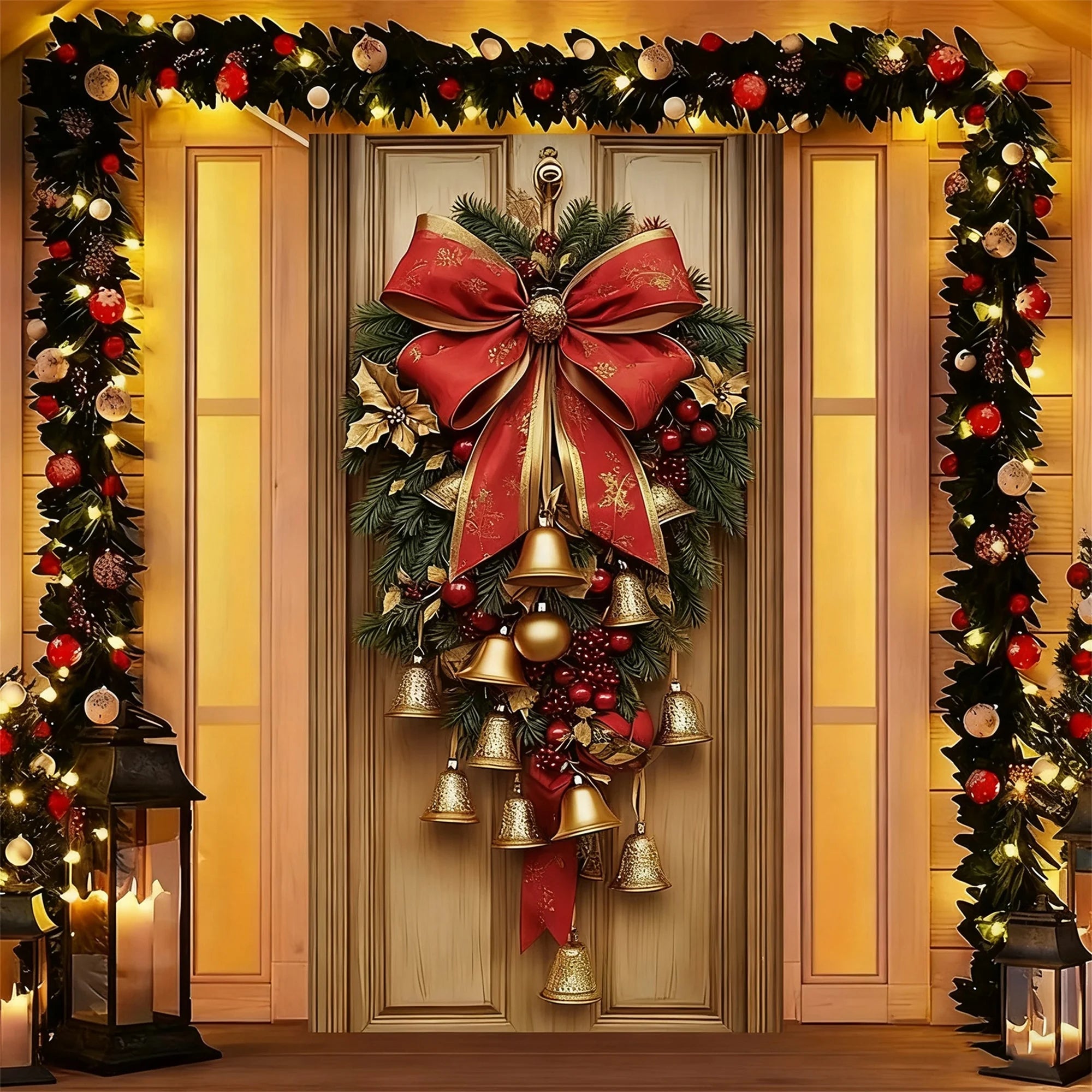 Christmas Wreath with LED Lights and Pinecones for Front Door Decoration Festive Holiday Door Hanger with Bow and Bells
