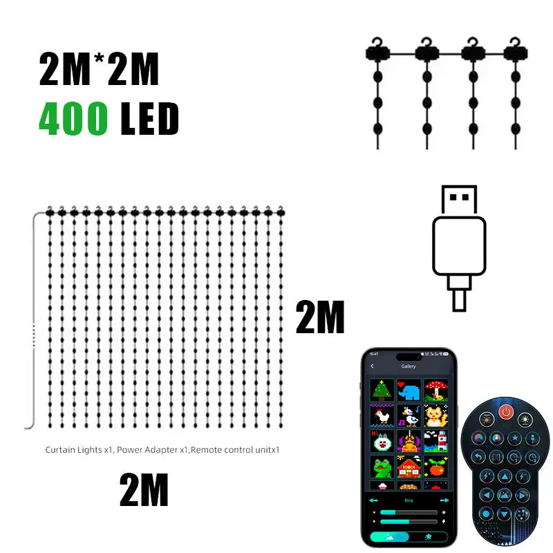 Smart RGB Curtain Light String USB Plug Remote Control LED Curtain Light APP Bluetooth Control String Lights for Room Decoration