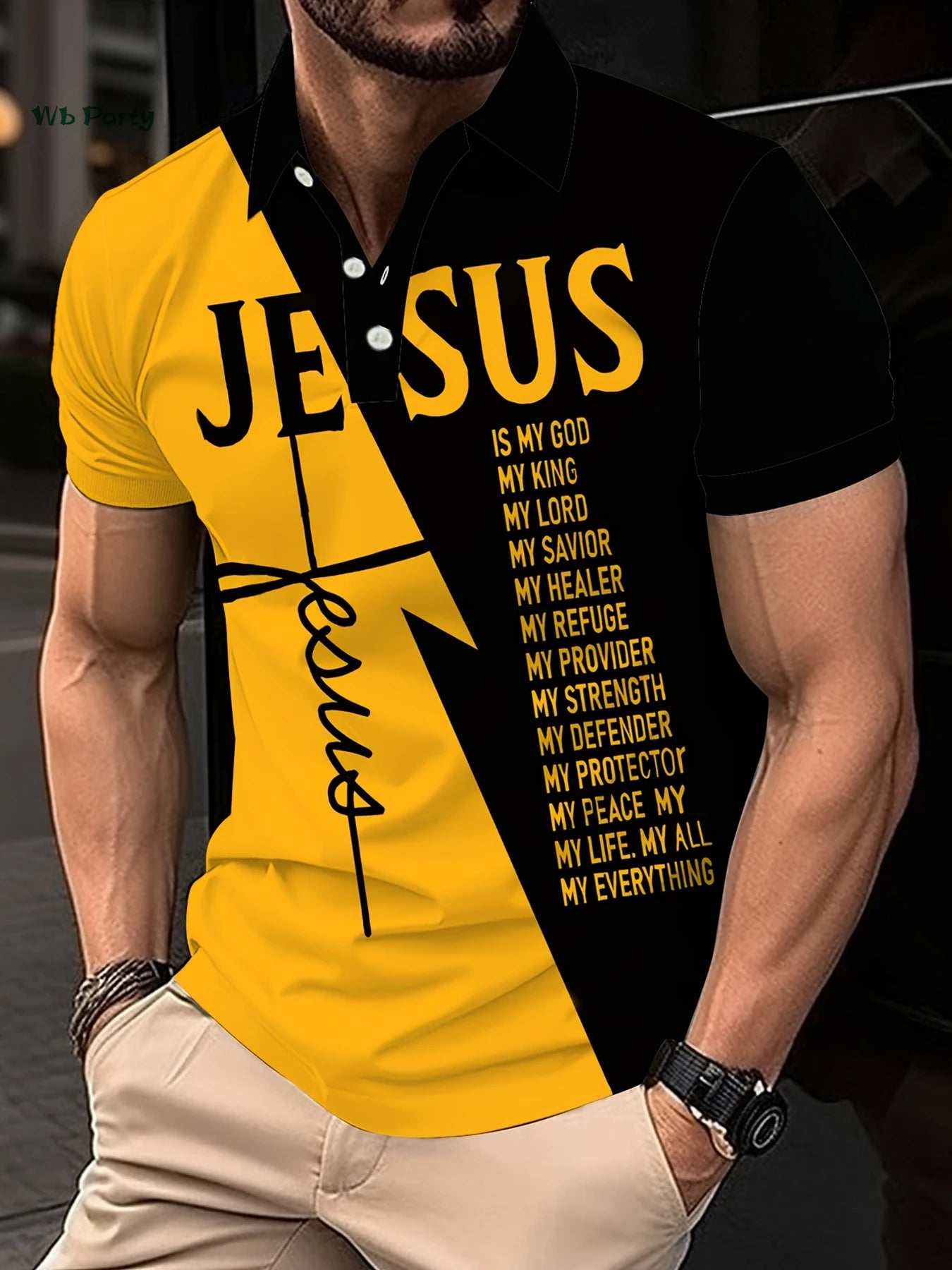 Men's Short Sleeve Lapel Polo Christian Text Printed Colorblocked Shirt Easter Clothing Summer Outdoor Casual Button down Tops