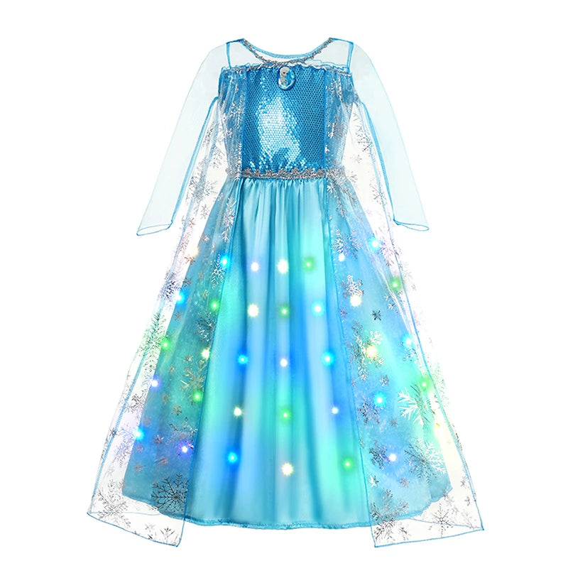 LED Light Up Elsa Dresses for Girls Kids Carnival Christmas Party Gown Childrens Cosplay Party Clothes Girls Long Sleeve Dresses