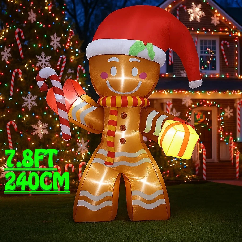 2.4M/7.8FT Gingerbread Man Candy Cane Christmas Inflatable Model Decoration LED Lights Outdoor Holiday Decor Home Yard Party Toy