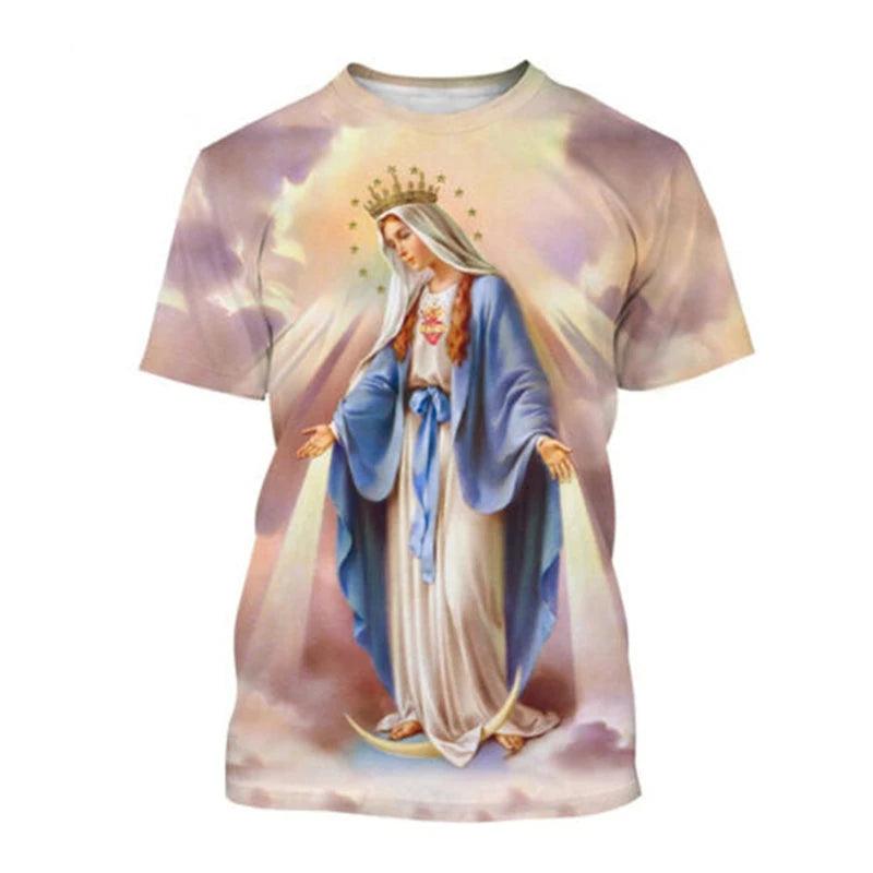 Virgin Mary T Shirt Goddess Of Mercy 3D Print T-Shirt Christian Blessed Jesus God T Shirts Womens Clothing Unisex Short Tops