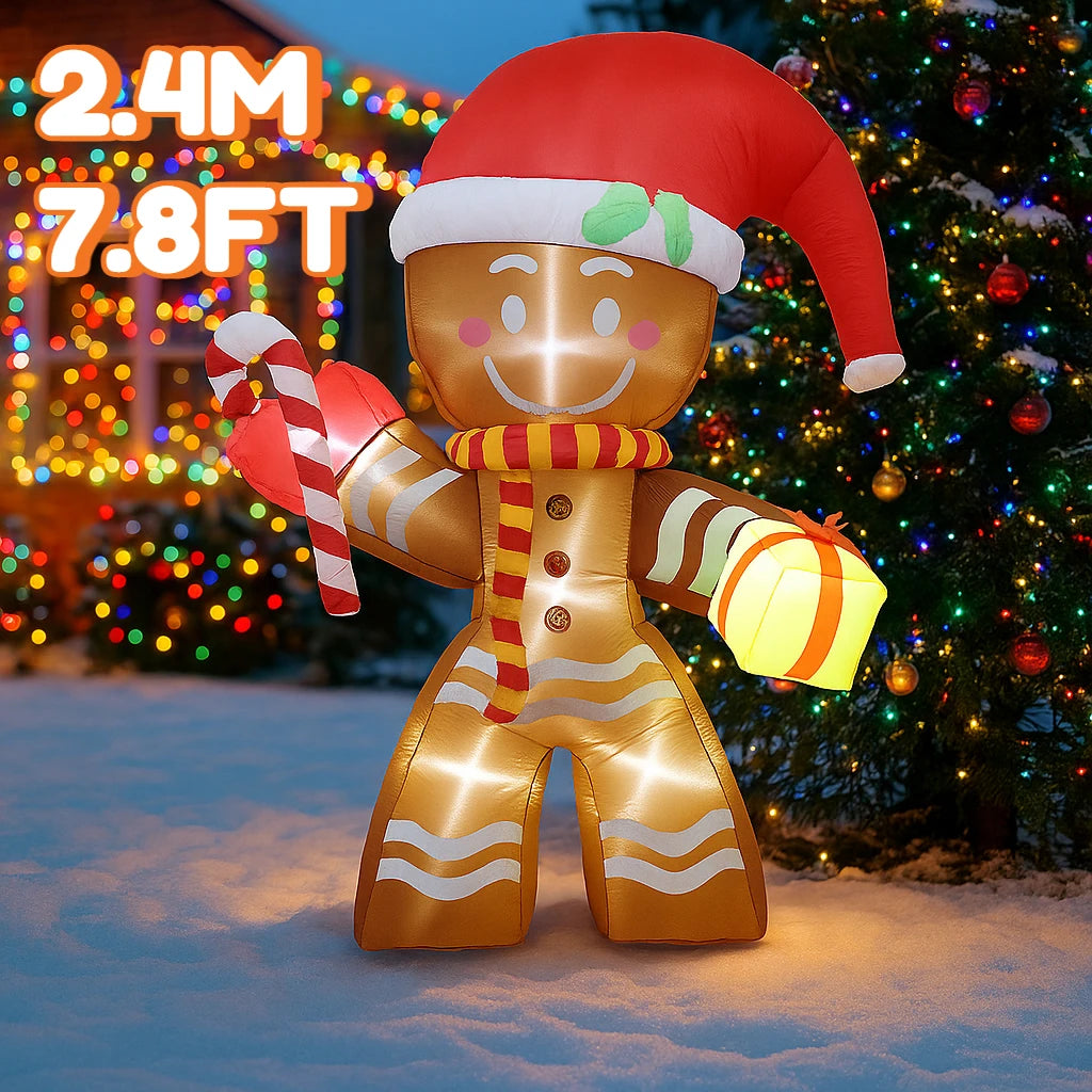 2.4M/7.8FT Gingerbread Man Candy Cane Christmas Inflatable Model Decoration LED Lights Outdoor Holiday Decor Home Yard Party Toy