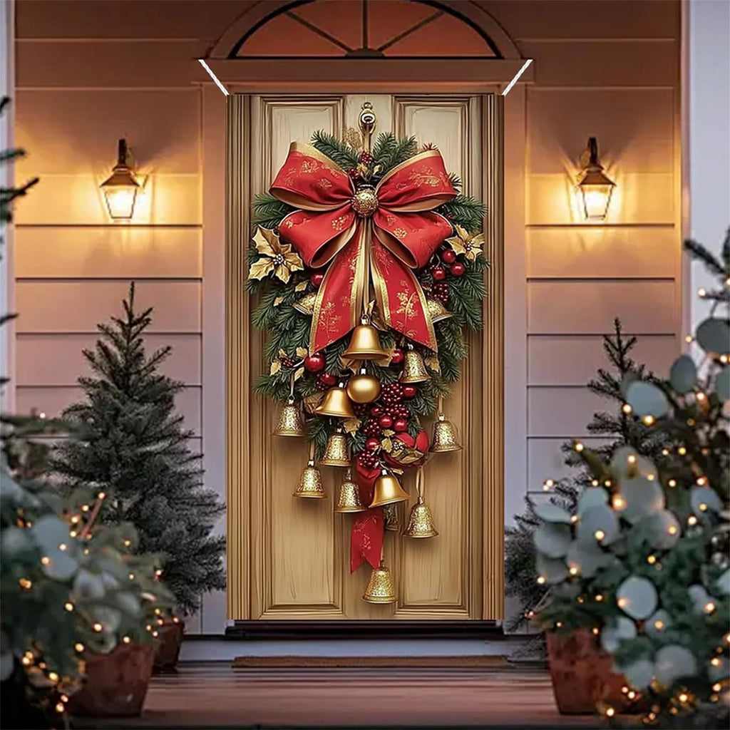 Christmas Wreath with LED Lights and Pinecones for Front Door Decoration Festive Holiday Door Hanger with Bow and Bells