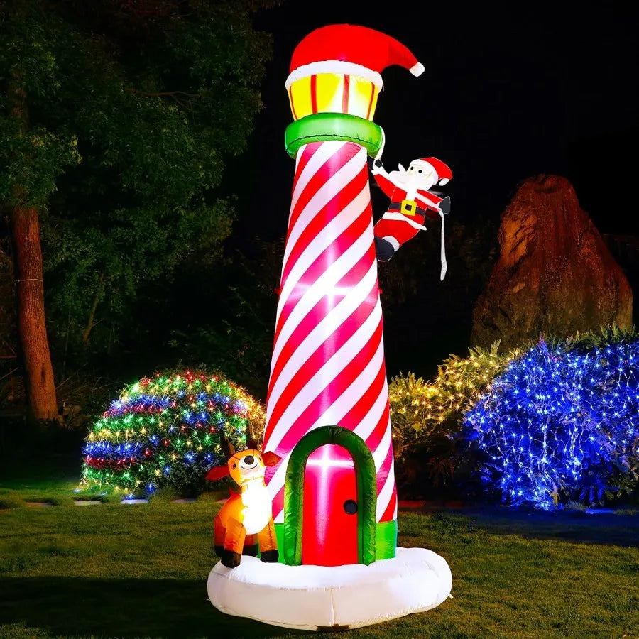 10FT Christmas Inflatable Decoration Giant Lighted Lighthouse Blowups with Santa and Reindeer AirBlown Ornaments with Storage B