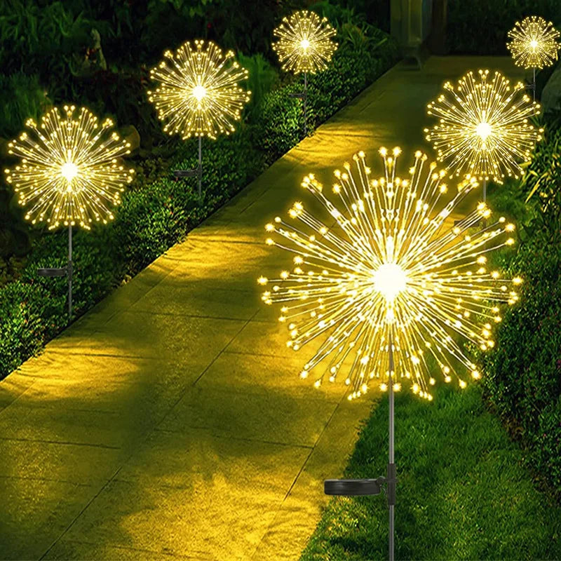 New LED Solar Ground Mounted Fireworks Lights Outdoor Waterproof Holiday Garden Decoration Dandelion Atmosphere Lawn Lights