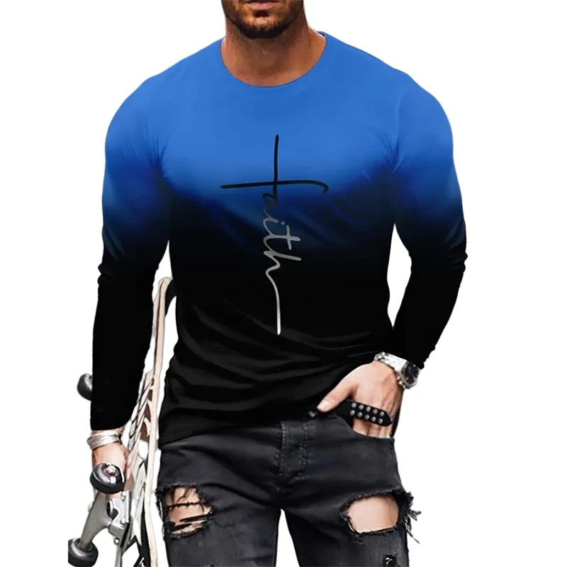 Men's T-shirt Christian Letter Pattern Jesus Retro Long Sleeve Round Neck T-shirt 3D Printed T-shirt Sports Men's Clothing